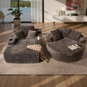 HOOOWOOO 67" Chaise Lounge & 58" Round Couch, Soft Plush Corduroy Lazy Sofa with Throw Pillows, Upholstered Sofa Bed No Assembly, Indoor Home Design【2 Packages Shipping】