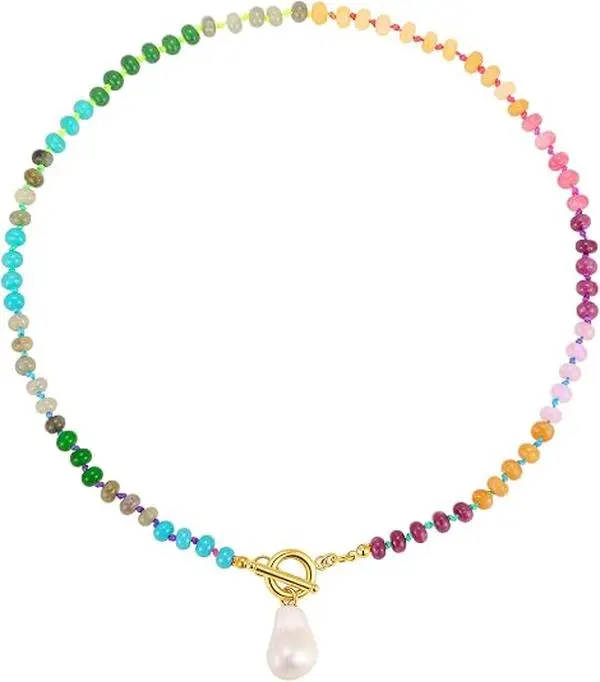 Beaded Gemstone Necklace for Women - 18K Gold Plated Beach Jewelry Baroque Pearl Pendant, Handmade Colorful Bead Boho Choker Summer Holiday Surfer Necklace Trendy Gift for Her