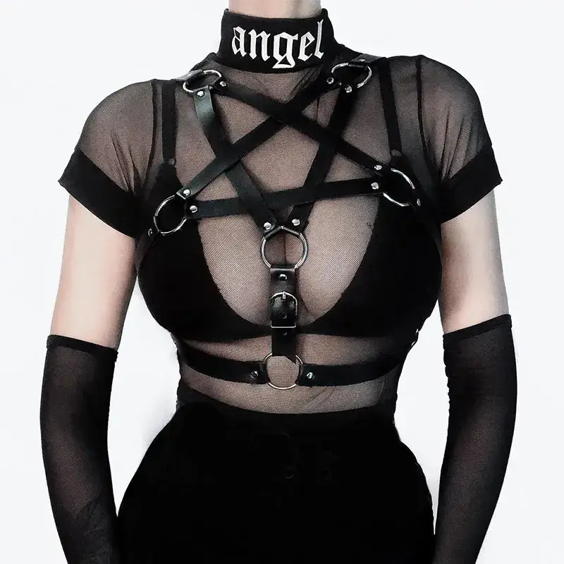 Pentagram Goth Harness in PU Leather & Chains