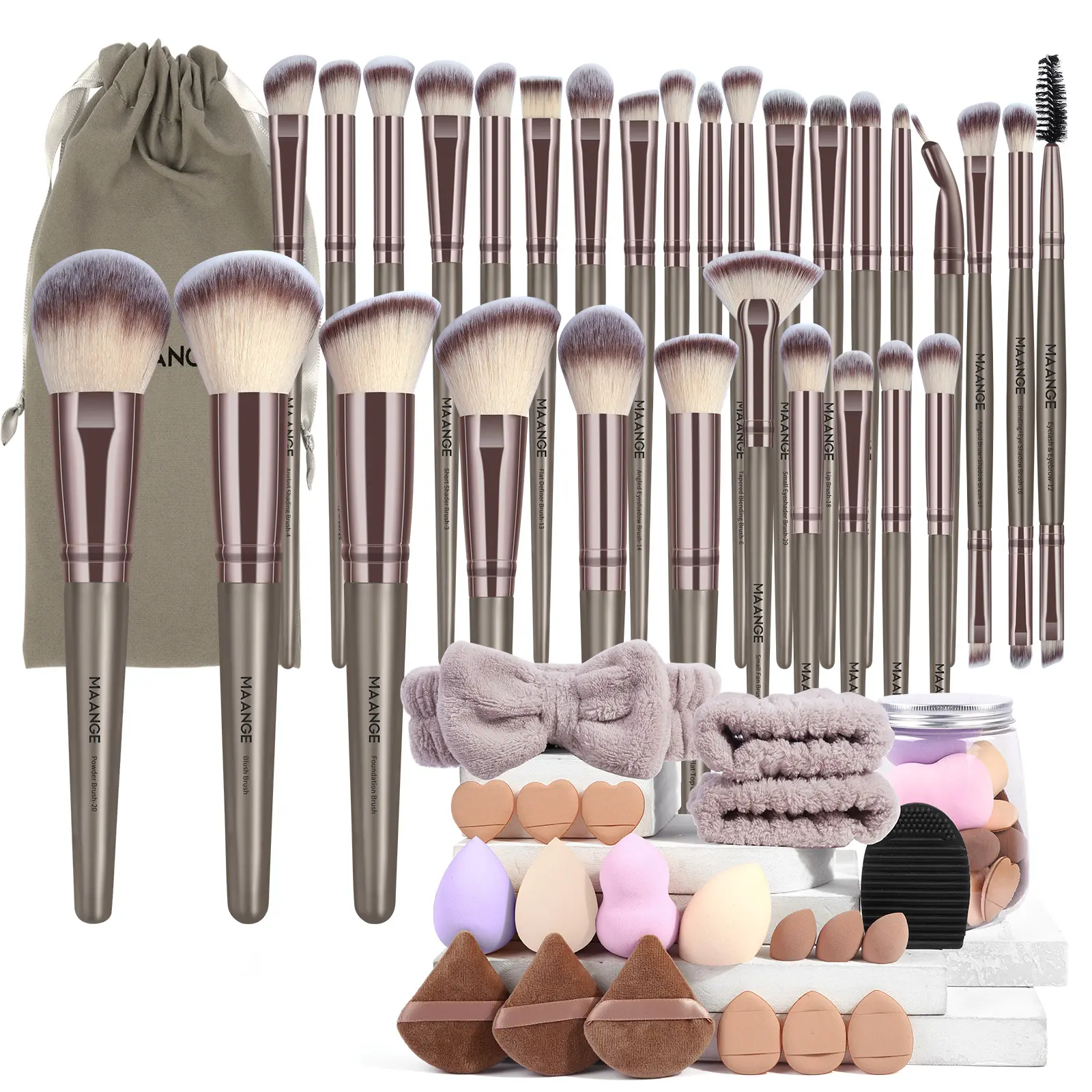 MAANGE 50pcs Makeup Tool Set, Cosmetic Tools: 30pcs Makeup Brush Set, 16pcs Powder Puff Accessories, Hair Tie Three-Piece Set, Brush Cleaner, Cosmetic Brushes Cleaner, Makeup Brushes Kits, Cosmetics Brush Set