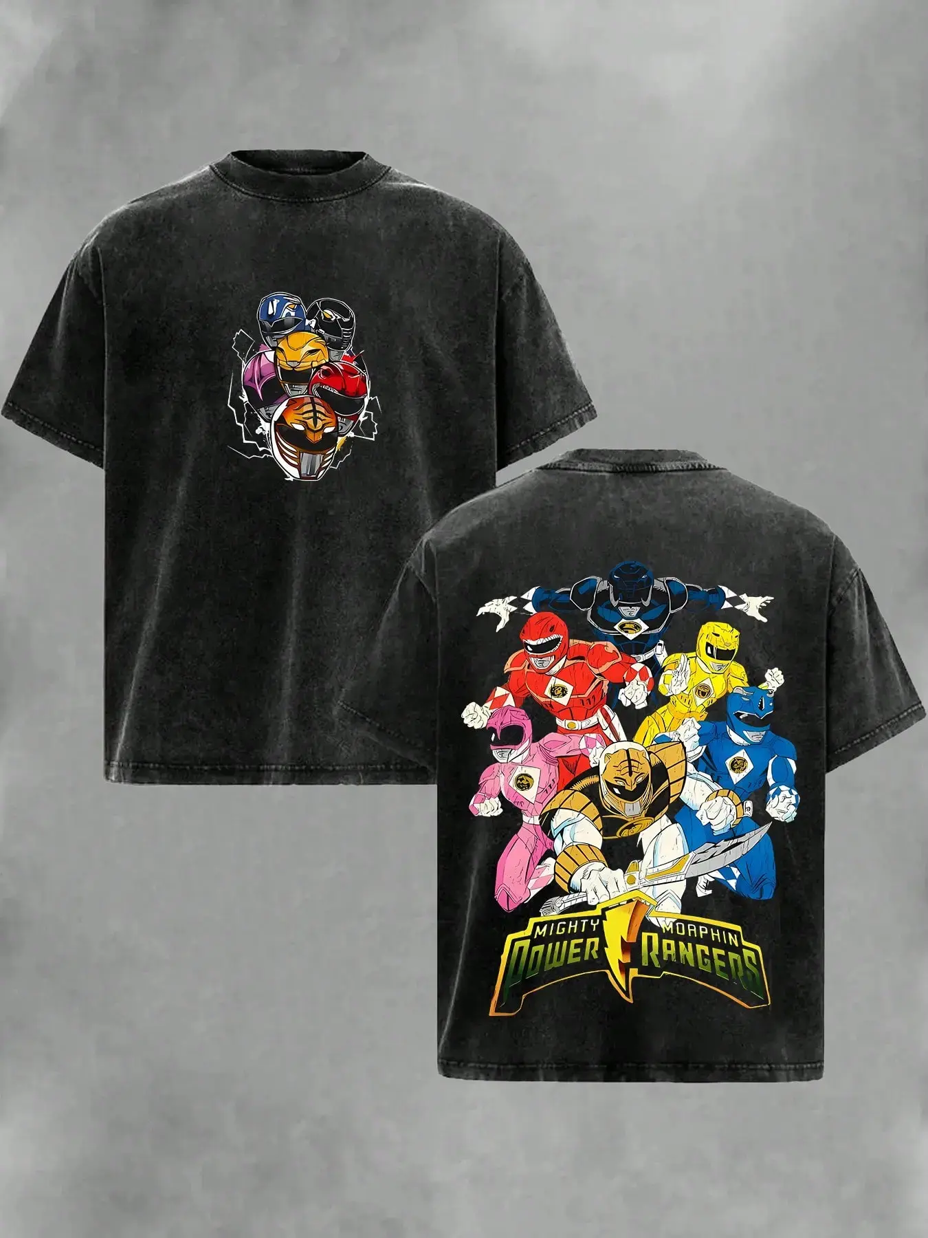 Retro Washed Black Oversized Power Rangers Graphic Tee, Vintage 90s Team Shirt For Men & Women! Y2K Streetwear Casual Outfits, Unisex Superhero Fan Gift Merch, Edgy Gym Pump Cover Apparel & Trendy Loose Fit Daily Wear Tops For Everyday Aesthetic Fashion!