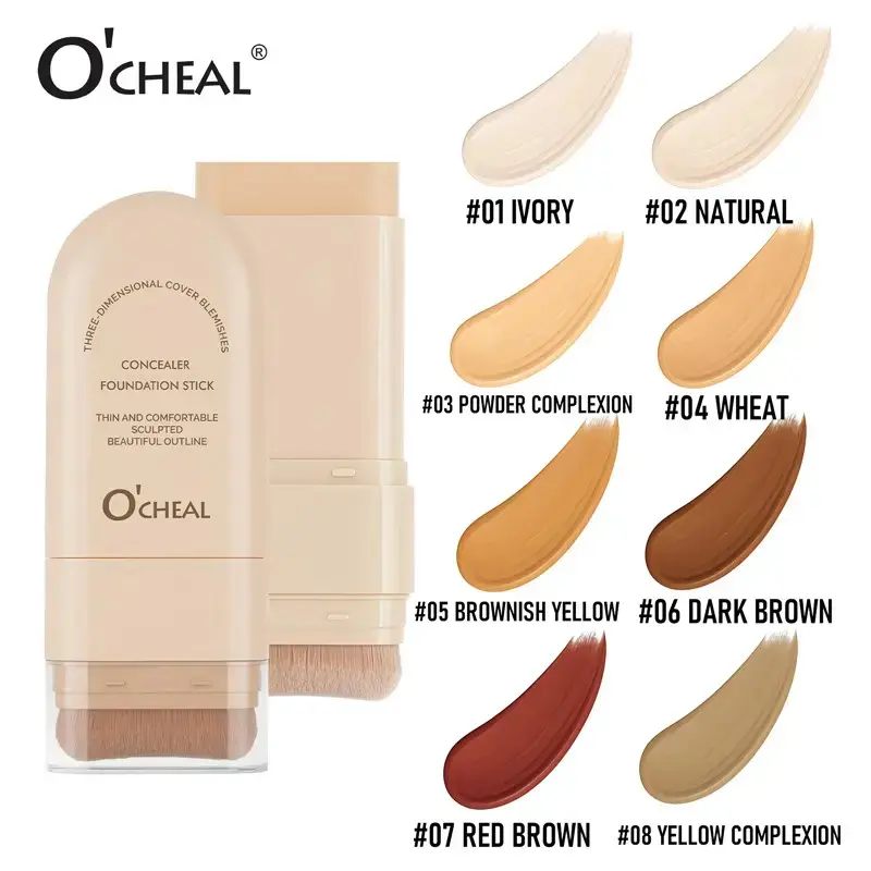 2-in-1 Waterproof Sweat-Proof Concealer Foundation Stick with Foundation Brush - Full Coverage, 8 Matte Finish Shades, Compact Portable, Covers Dark Circles Blemishes, Longwearing Makeup for Coverage Needs, Full Coverage Foundation, Flawless Skin