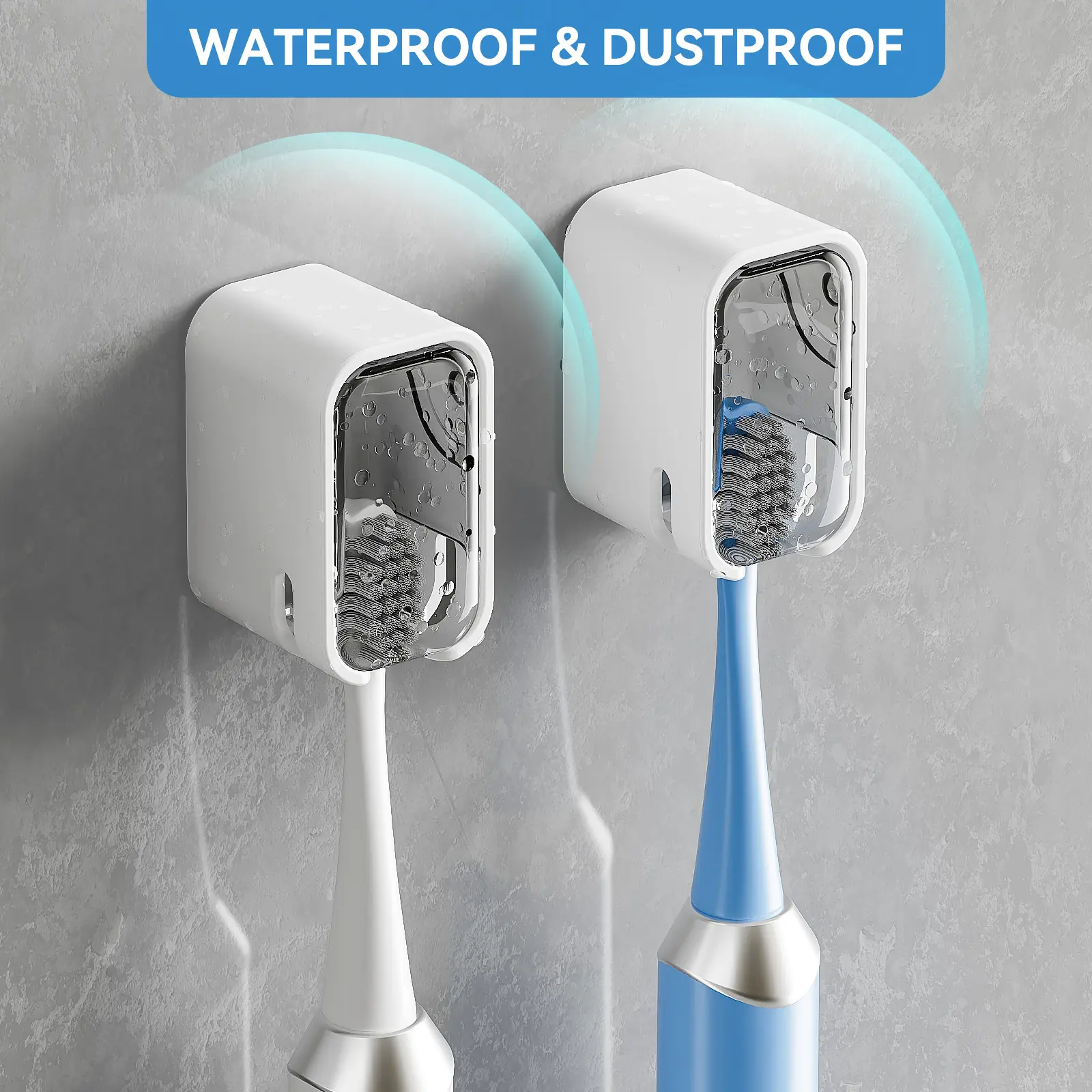 GONGQIN Wall-Mounted Toothbrush Head Cover Holder, Drill-Free, Dustproof, Waterproof, 1-Hand Opening, Ventilated Drying, Fits 99% of Electric & Manual Toothbrushes