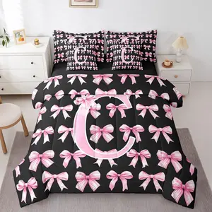 Feelyou 7-Piece Microfiber Bedding Comforter Set - Pink and Black Bowknot Design Blanket, Coquette Aesthetic Letter C Sheets for Teen Girls