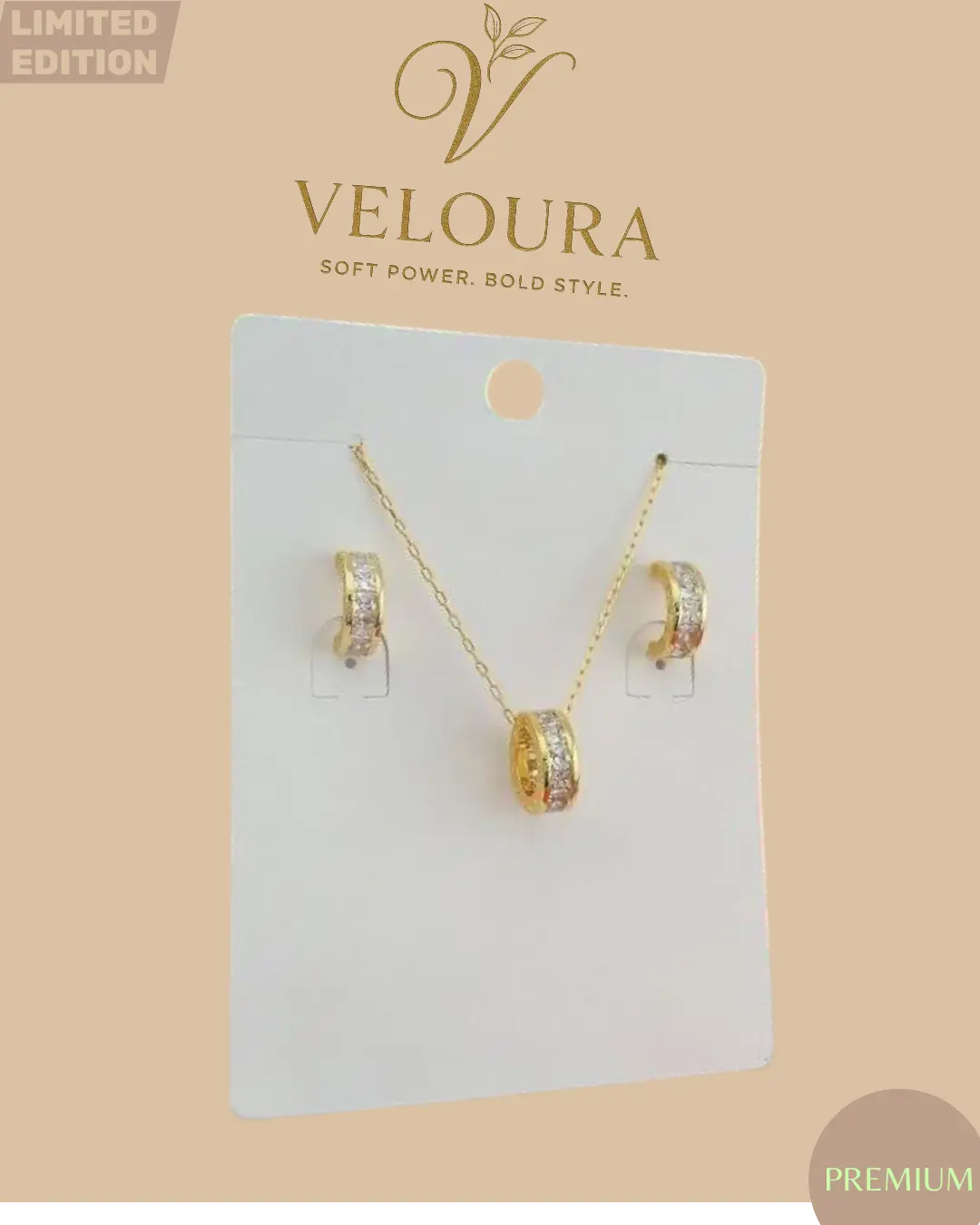 Gold Pavé Barrel Pendant Necklace & Huggie Earring Set