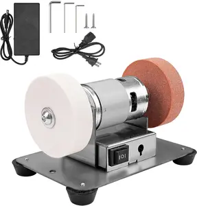 Mini Bench Grinder Buffer Polisher, Electric Multi-Purpose Grinding Machine for Metal, Wood, Knife Making, Jewelry Buffing, Electric Small Benchtop Knife Sharpener Tool DIY Kit with Grinding Buffing Wheel, Sandpaper