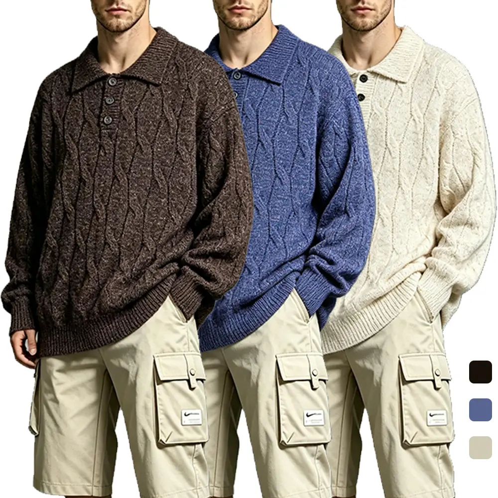 Button-front cable-knit pullover sweater with a shirt collar, classic casual feel, relaxed drop-shoulder design, half-button placket with three buttons, contrasting cable knit texture, suitable for autumn/winter city commuting and gatherings with friends.