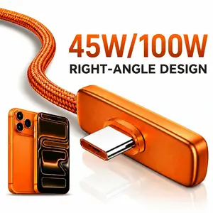 45W/100W Right Angle USB-C Cable PD Fast Charging USB-C to USB-C Cord for iPhone 15/16/17 Pro Max iPad MacBook 90 Degree Braided Gaming Charger Cable No Hand Blocking
