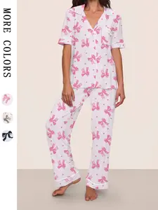 Women's Leopard Print Fitted Pajama Set with Bow Tie, Short Sleeve Shirt and Long Pants for All Seasons, Comfortable Casual Sleepwear