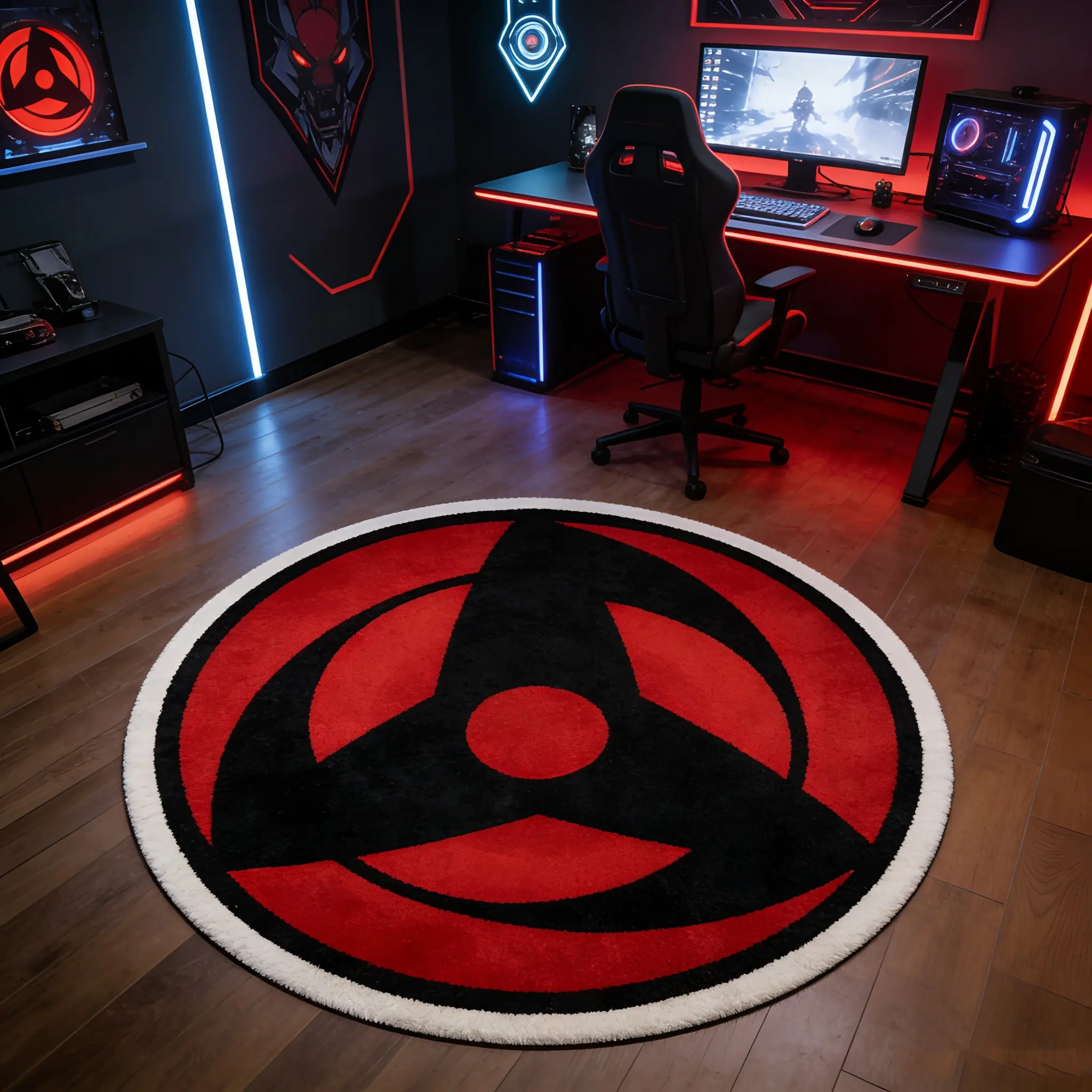 Anime Sharingan Round Rug, Classic Round Mat, Anti-Slip Washable Carpet, Gaming Room Computer Chair Mat, Cool Home Bedside Rug, Gaming Rugs, Non Slip Rug