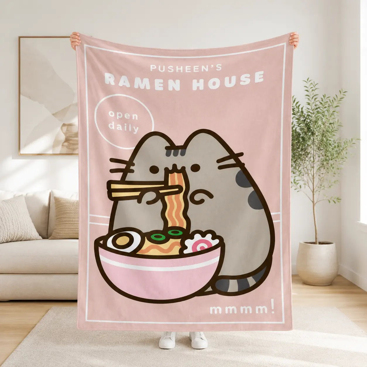 Cute Ramen Cat Blanket, Kawaii Pink Flannel Fleece Throw Blanket, Cozy Soft Plush Blanket for Bedroom Living Room Decor, Aesthetic Anime Style Gift for Cat Lovers, Warm & Comfy Couch Blanket