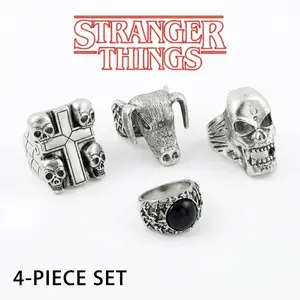 Stranger Things Rings 4-Piece Set - Eddie Munson Inspired Skull & Cross Metal Band, Cosplay Costume Gift for Men Women, US Sizes Witchy Jewelry
