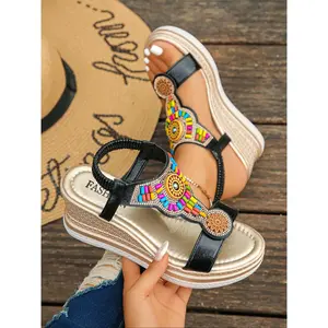 Women's Boho Style Embroidered Design Platform Sandals, Embellished Platform Sandals, Vintage Trendy Slingback Sandals, Fashionable Sandals for Summer Beach Vacation, Footwear