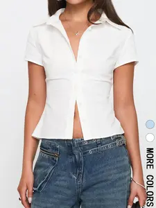 Women's Button Collared Shirt, Casual Slim-fitting Short Sleeve Top, Ladies Clothes for Daily Wear, Womenswear Casual Classy Top, Casual Comfy Shirt