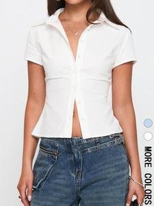 women's button collared shirt, casual slim-fitting short sleeve top for summer, ladies clothes for daily wear, womenswear, classy tops