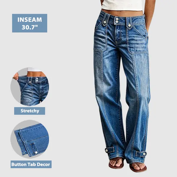 Flamingals Stitch Detail Button Tab Wide Leg Mid Waist Jeans Womenswear Stretchy 30.7" Inseam