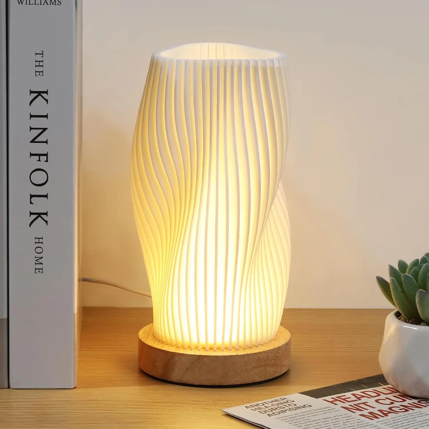Vintage Striped Bedside Table Lamp with Wood Base - Bedroom Lighting, Ambient Lighting Bedroom, Small Desk Lamp for Dorm Office