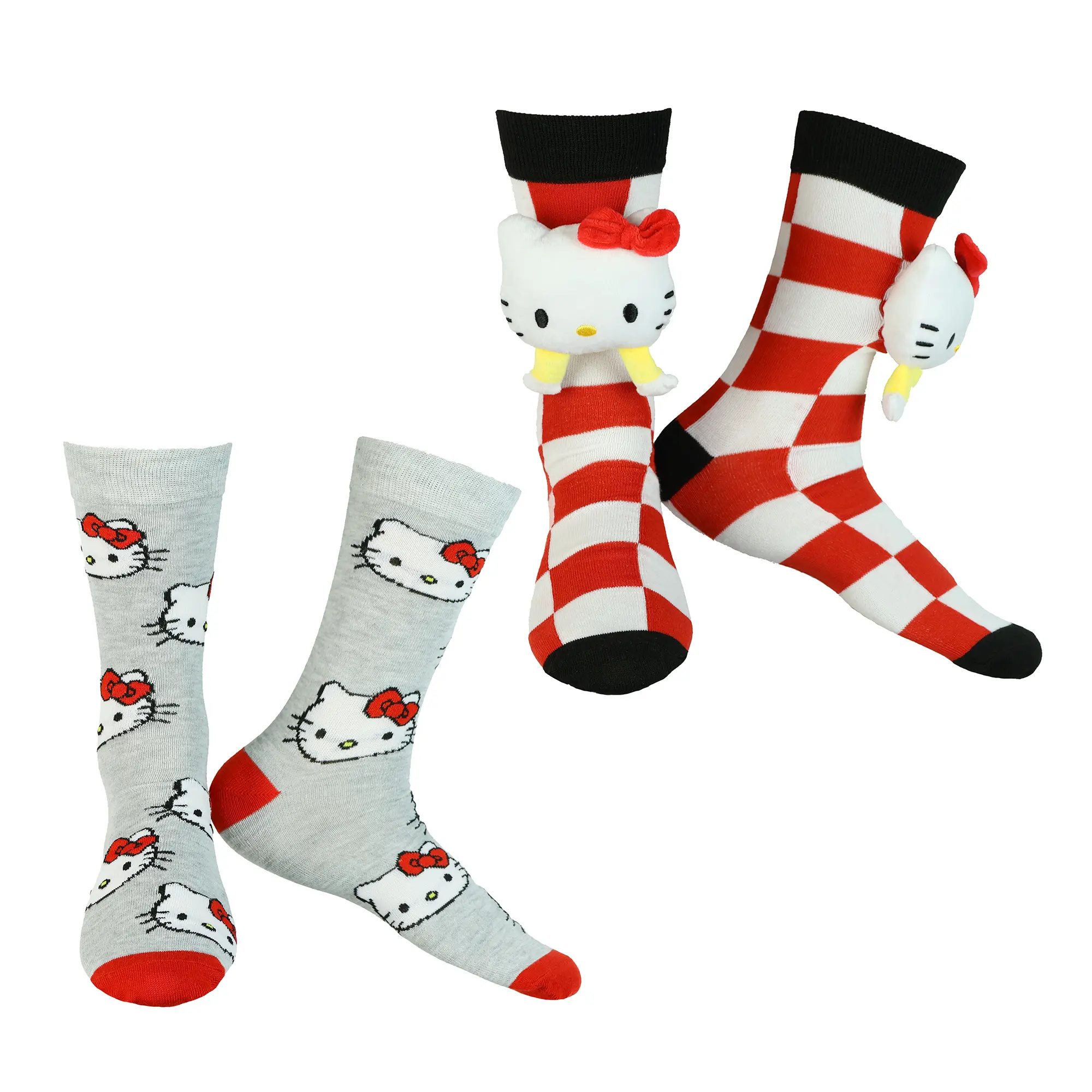 Sanrio Hello Kitty Plush Head Design 2-Pack Mid-Calf Crew Sock Set in Gift Box, 2 Pairs, Crew Socks, Plaid