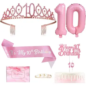 10th Pink Birthday Decorations for Girls Set,Birthday Girl Sash,Sweet Rhinestone 10th Crown Tiara,Cake Topper,Number Candles and Balloons,10 Year Old Gifts