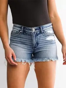 Women's Casual Summer Denim Shorts Mid Waisted Stretchy Ripped Jean Shorts with Pockets Womenswear Bottom