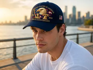 250th Anniversary Embroidered Baseball Hat with Three Dimensional Bald Eagle, Statue of Liberty Embroidered Duck Tongue