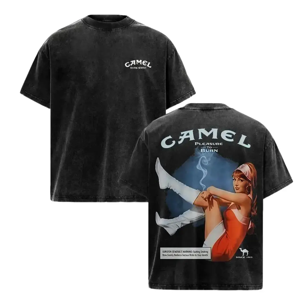 Vintage Distressed Camel Pleasure To Burn Retro Pinup Lady Back Print Black Short Sleeve Cotton T Shirt Comfort Oversized Loose Tee For Mens Western Retro Pinup Street Fashion Home Relax Daily Commute Wear