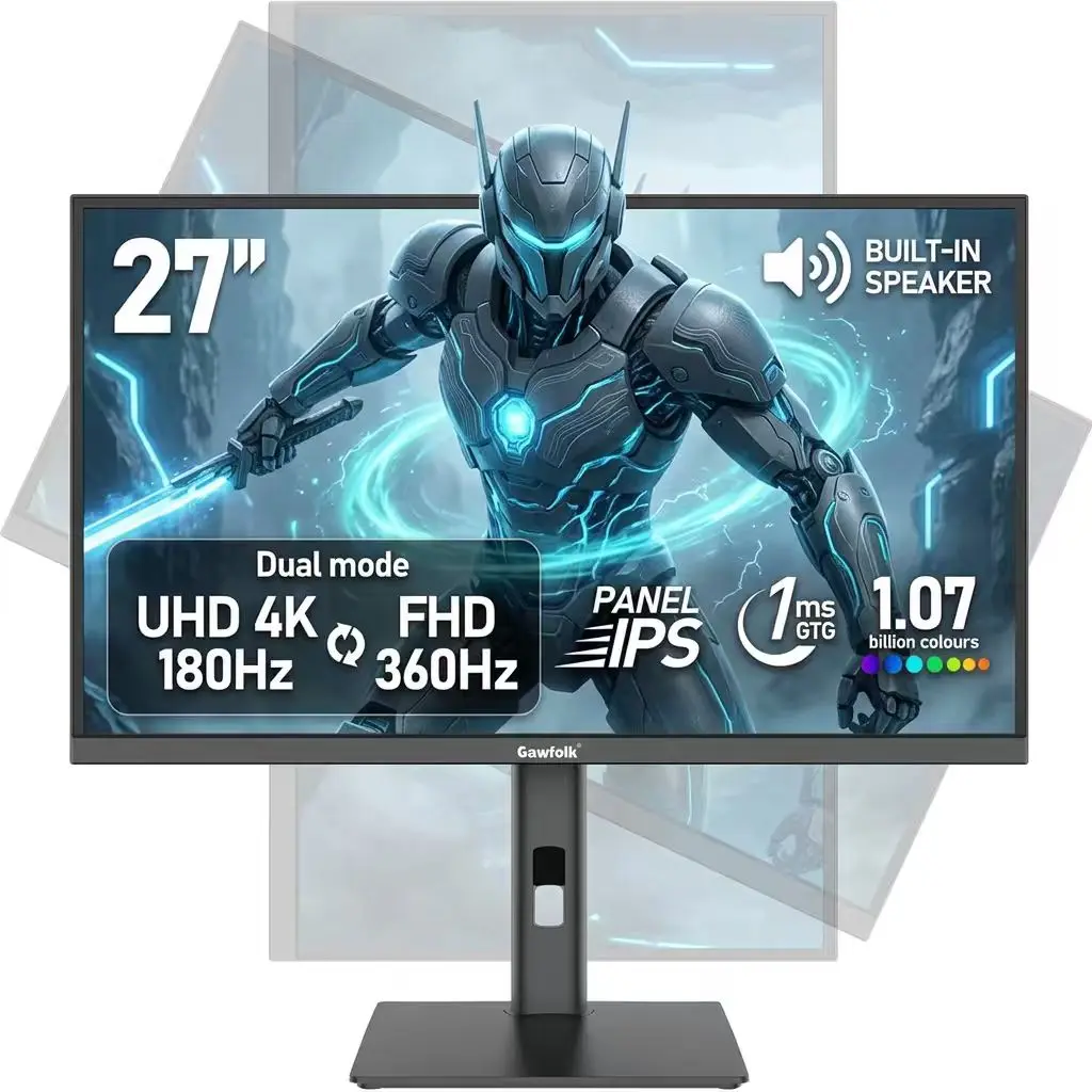 Gawfolk 27 Inch Black IPS 4K Dual Mode Gaming Monitor, UHD 180Hz / FHD 360Hz, 1.07 Billion Colors, Adaptive Sync, Height Adjustable, Built-in Speakers, HDMI 2.1 & DP 1.4