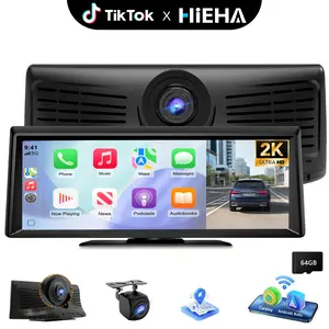 HiEHA 8.14" HD Wireless CarPlay Portable Stereo, Supports YouTube & TikTok, 2K Front Dash Cam + 1080P Backup Camera, Apple CarPlay & Android Auto, GPS, Mirror Link, Bluetooth/FM/AUX, Plug and Play, 64GB TF Card Included