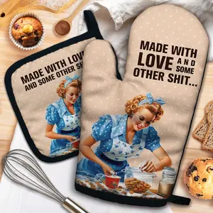 Made with Love and Some Other Sxxt Funny Heat Resistant Oven Mitts and Pot Holders Set with  Non-Slip, Retro Housewife Cooking Baking Gadgets, Gifts for Women Bakers Chef Mom Wife