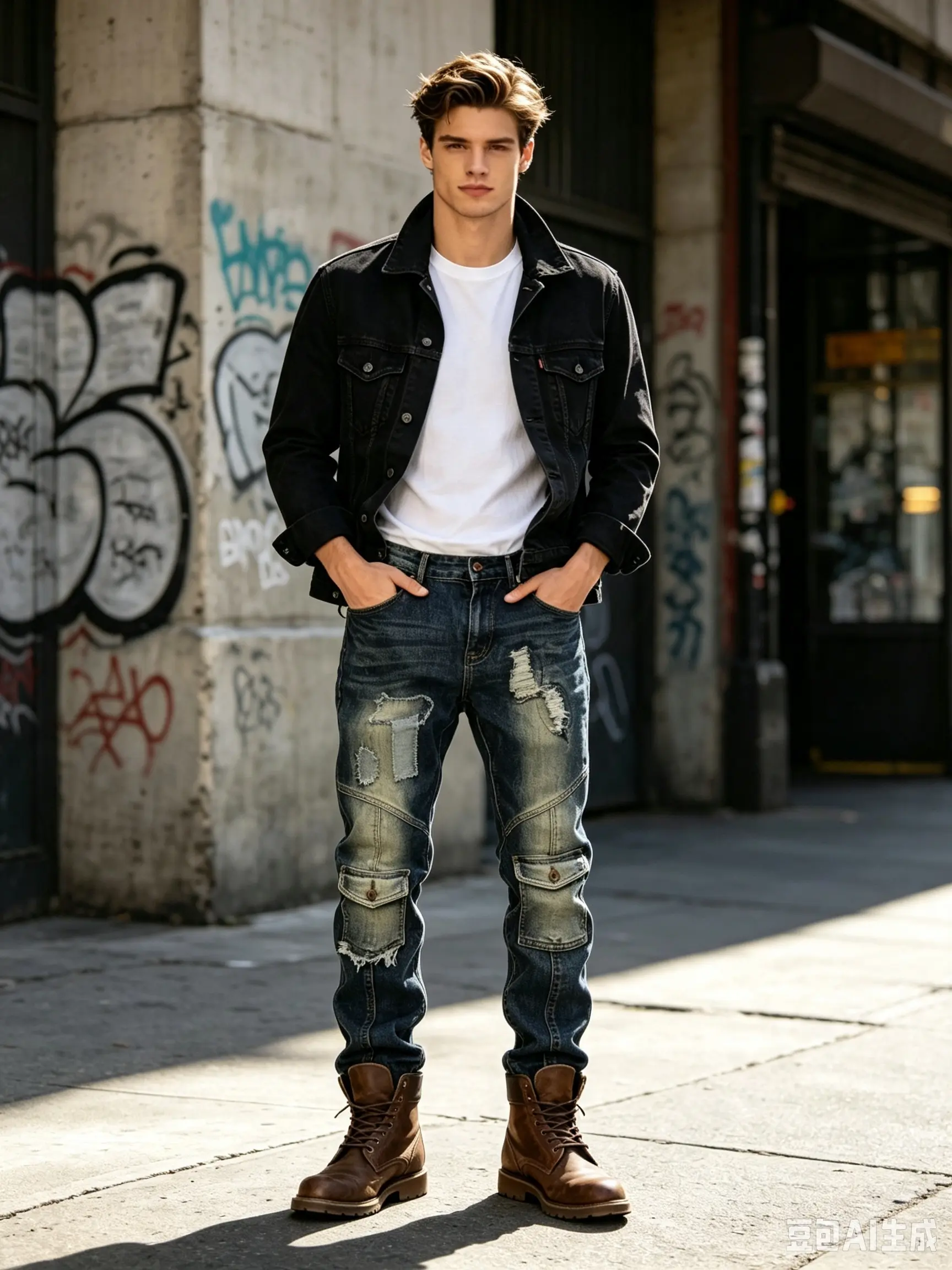 Streetwear Grunge Moto Carpenter Jeans Men Slim Fit Ripped Patch Distressed Denim Pocket Menswear Trouser Plain Motocross Y2K