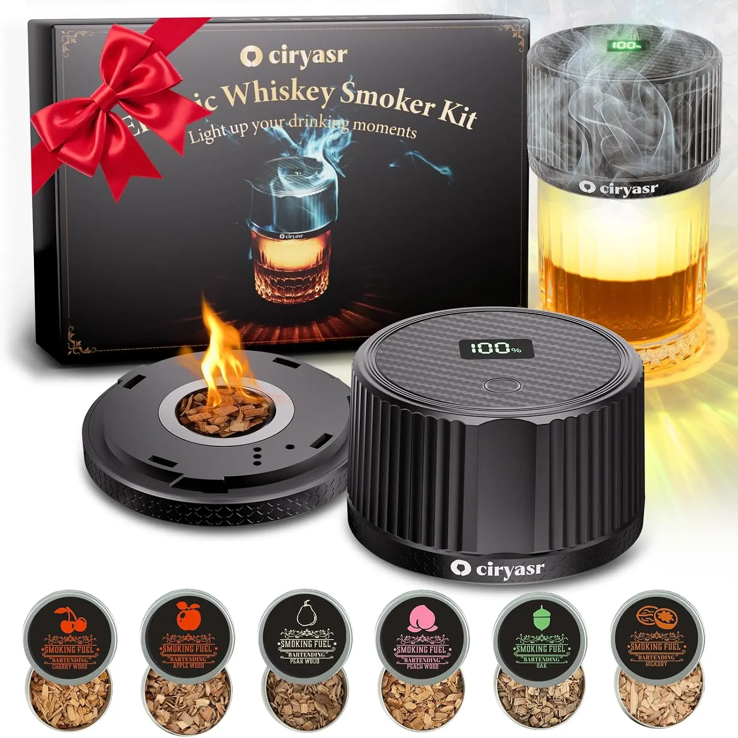 Electric Whiskey Smoker Kit, Cocktail Smoker Infuser with 6 Flavors Wood Chips & 4 Light Modes, Old Fashioned Drink Smoker Kit with LED Light, Birthday Bourbon Gifts for Men, Dad(No Butane)