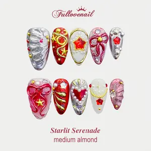 Fullovenail Medium Almond 10 PCS Starlit Serenade Handmade Press on Nail REUSABLE 3D Gel Fake Nails Acylic Press on Nail/Christmas Autumn Fall Winter Peret 2025