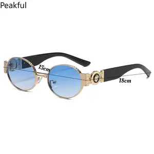 Vintage Round Gold Frame Sunglasses, Popular Gradient Purple Blue Lens Eyewear, High-end Style Women's Fashion Shades with Decorative Emblem, durable build & anti-glare effect, great for summer travel, casual outings, party looks and gift giving