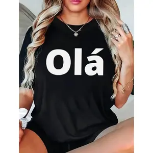 Women's Casual Short Sleeve T-Shirt - Stylish 'Ola' Graphic Print, Soft Stretch Fabric, Round Neck, Machine Washable - Versatile for Casual Attire & Travel