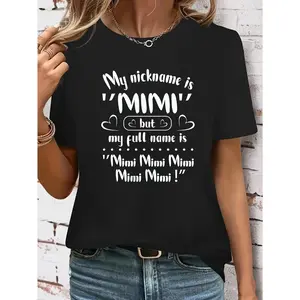 Women's casual crew-neck T-shirt with "Mimi" letters, short-sleeved regular top for all seasons