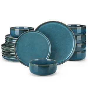 vancasso VEGA Plates and Bowls Sets, 12/16/18 Pieces Stoneware Dinnerware Sets Dishes Set Modern kitchen Dishware Sets Service for 4/6 People, Dishwasher and Microwave Safe, Blue Tableware