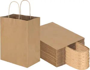 50 Pack 8x4.75x10 Inch Medium Plain Brown Kraft Paper Bags with Handles Bulk, Gift Bags for Favors Grocery Retail Party Birthday Shopping Business Goody Craft Merchandise Take Out Sacks