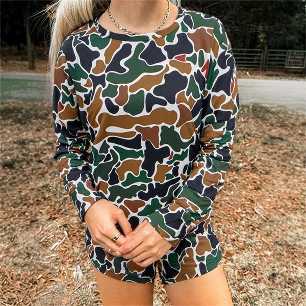 Women's Camo Long Sleeve Oversized Shirts Casual Hollow-out T-Shirts Pullover Crew Neck Tops Fall Fashion Outfits