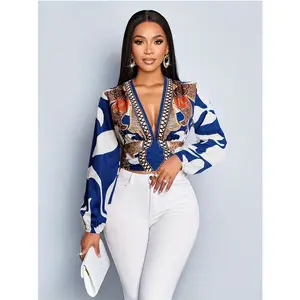 [Autumn Fashion| Deep V-Neck] Women's Autumn Fashion Deep V-Neck Long Sleeve T-Shirt Top| Pattern Print