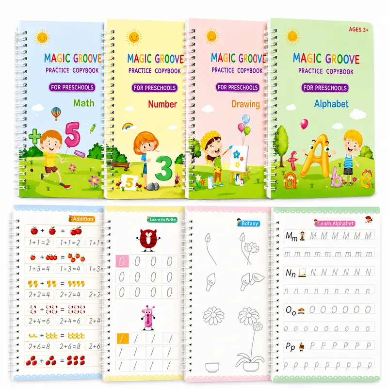 Grooved Magic Reusable Handwriting Practice Workbooks Set - 4 Books, 1 Ergonomic Pen, 6 Refills, 1 Random-Color Pen Grip, Montessori Tool for Kids Ages 3+ to Master Basic Writing Techniques, Numbers, Develop Fine Motor Skills, Toddler Gifts