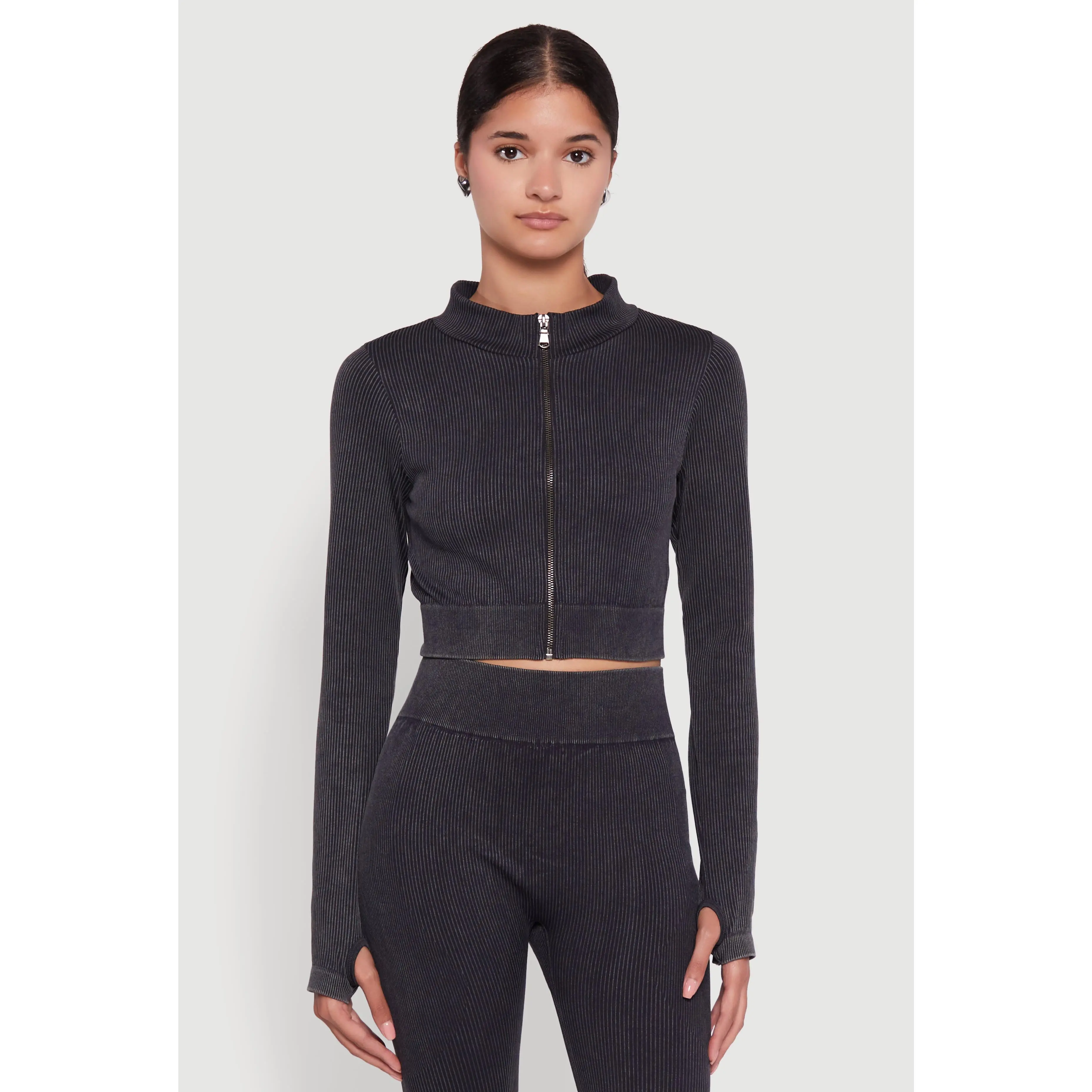 Seamless Ribbed Zip Front Cropped Track Jacket