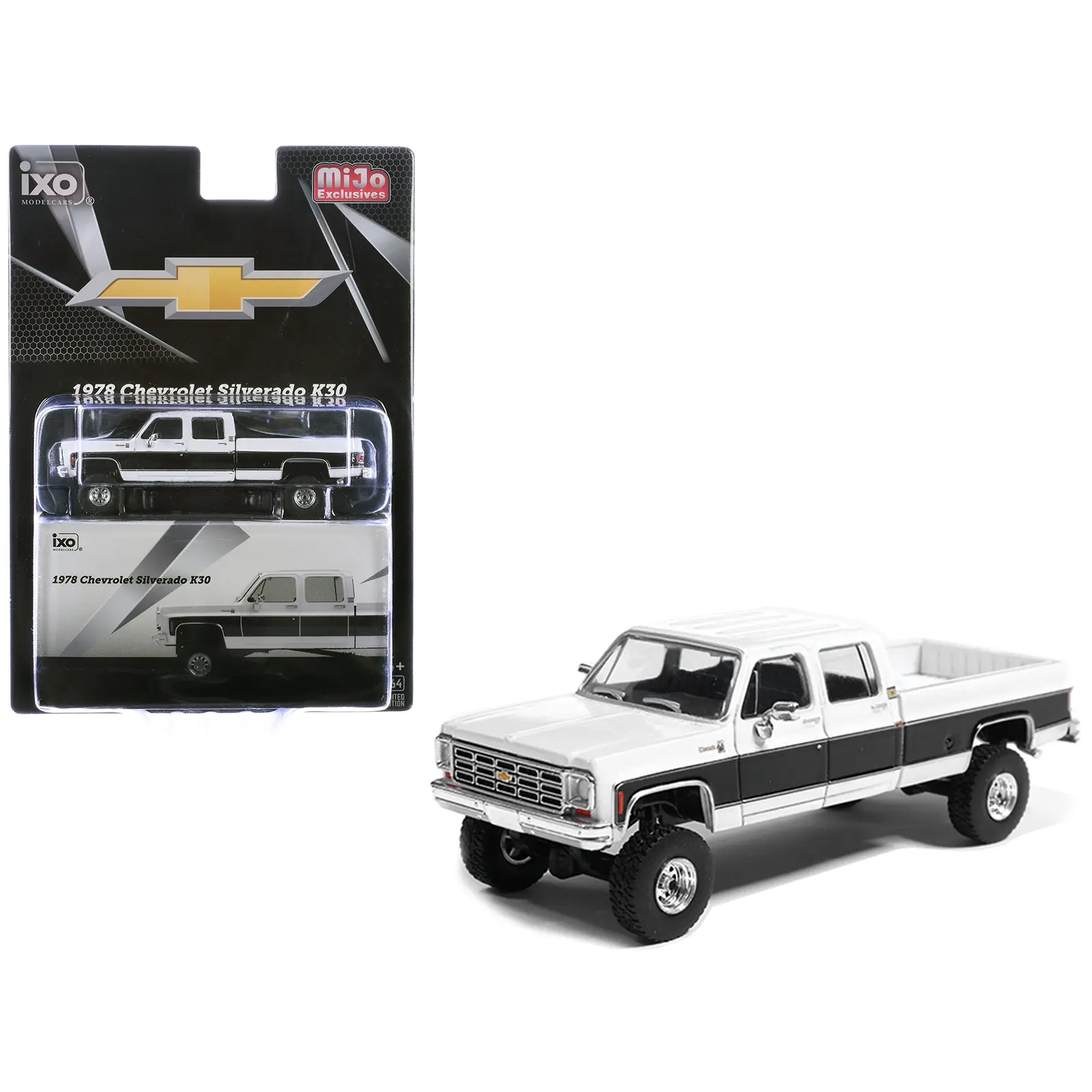 1978 Chevrolet Silverado K30 Crew Cab Pickup Truck White and Black 1/64 Diecast Model Car by IXO Models