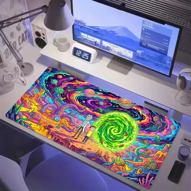 WB Rick and Morty Gaming Mouse Pad, Trippy Psychedelic Alien Planet Green Portal Scene Desk Mat, Non Slip Rubber Base Keyboard Mat, Stitched Edge Waterproof Desktop Pad Gift for Anime Cartoon Fans