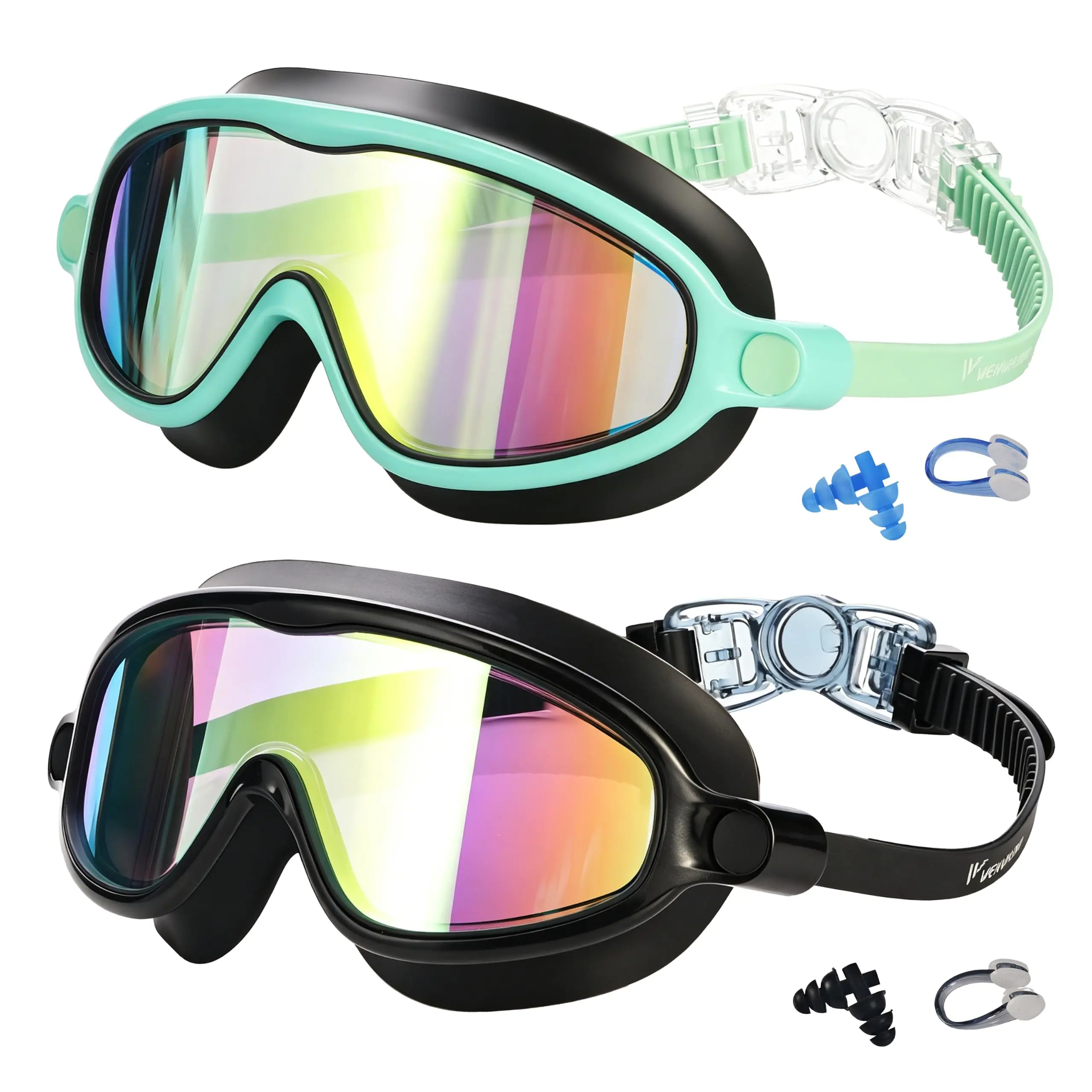 6-14 Age Kids' 3-Pack Swim Goggle Set, Large-Frame Wide-View Anti-Fog UV-Protective Lens, 1-Button Adjust Swimming Goggles with Earplugs for Pool & Beach, Anti-Fog Lens