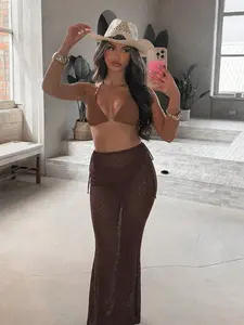 Women's Coffee Triangle Bikini Set with Lace Tail Wrap, Rope Shoulder Design, Perfect for Pool Parties, Beach Vacations, Tropical Getaways