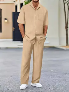 Men's Solid Color Short Sleeve Shirt and Long Pants Set, Casual Daily Two-Piece, Comfortable Lightweight Fabric