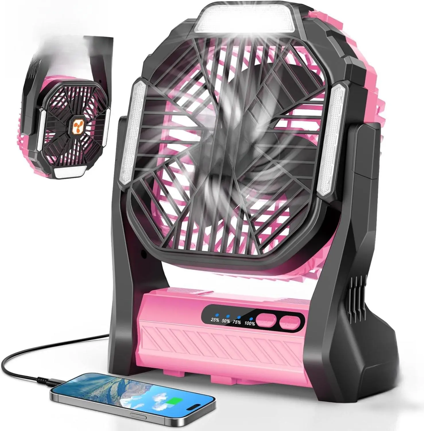 Portable Rechargeable Fan 20000mAh Cordless Battery Powered Camping Tent Fans with SOS LED Lantern Small USB C Operated Outdoor Ventiladores for Travel Camp Fishing Office Home Essentials Pink