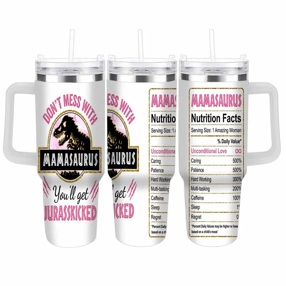 Dinosaur Mom Car Cup (40oz/30oz) Mamasaurus Nutrition Facts T Rex Print Pink Glitter Look Insulated Travel Mug for Mothers Day Birthday Commute Office Road Trip Gift