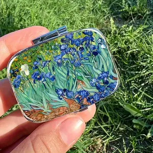 Irises Van Gogh Pill Case with Mirror, Vintage Artistic Design, Double Compartment Portable Lightweight Plastic Pill Organizer, Travel Pill Box for Daily Medication, Convenience