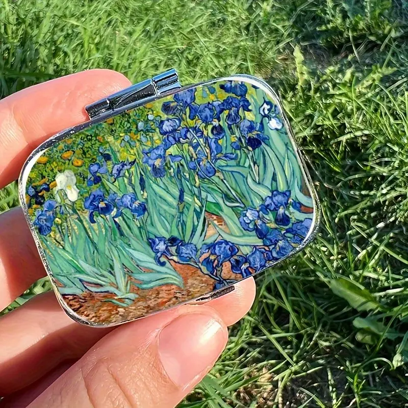 Irises Van Gogh Pill Case with Mirror, Vintage Artistic Design, Double Compartment Portable Lightweight Plastic Pill Organizer, Vitamin Organizer, Supplement Organizer, Travel Pill Box for Daily Medication, Convenience, Healthcare, Medical Organizer